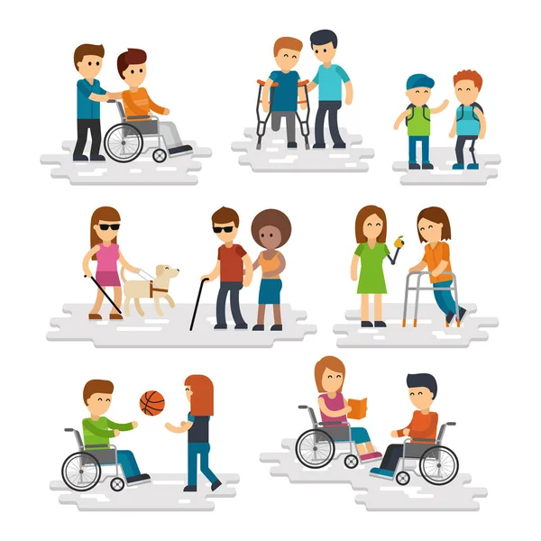 Handicap persoon vector plat. Jonge gehandicapten en vrienden door hen te helpen — Stockvector
