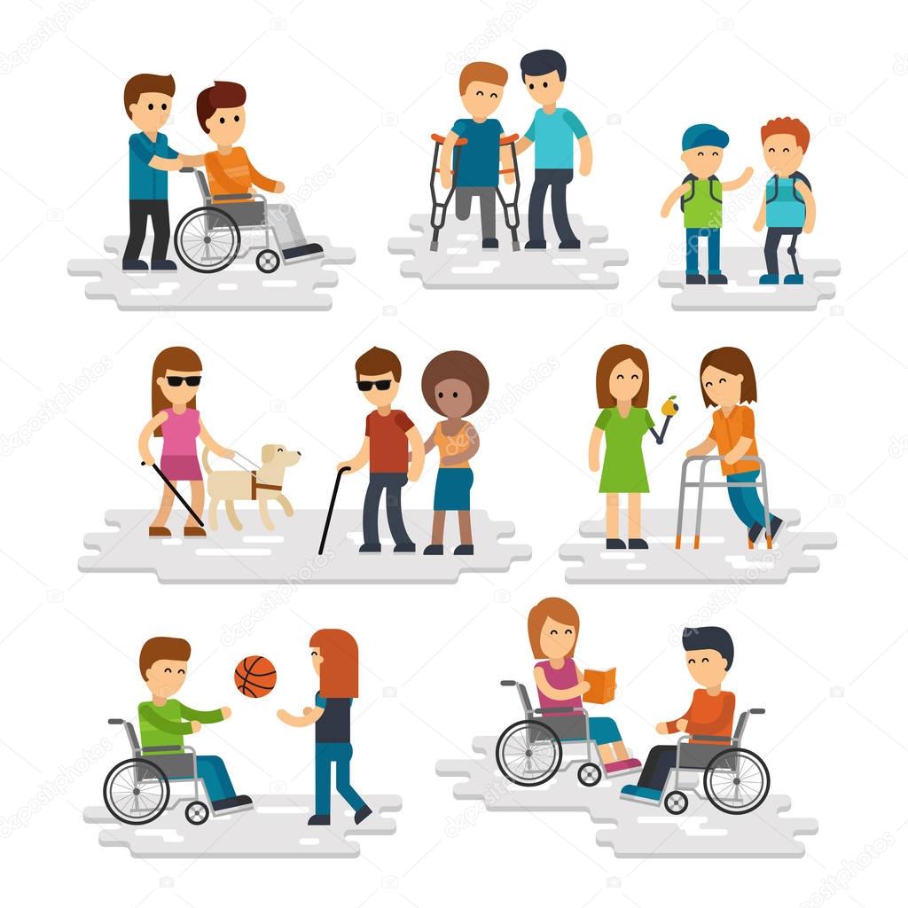 Disability person vector flat. Young disabled people and friends helping them