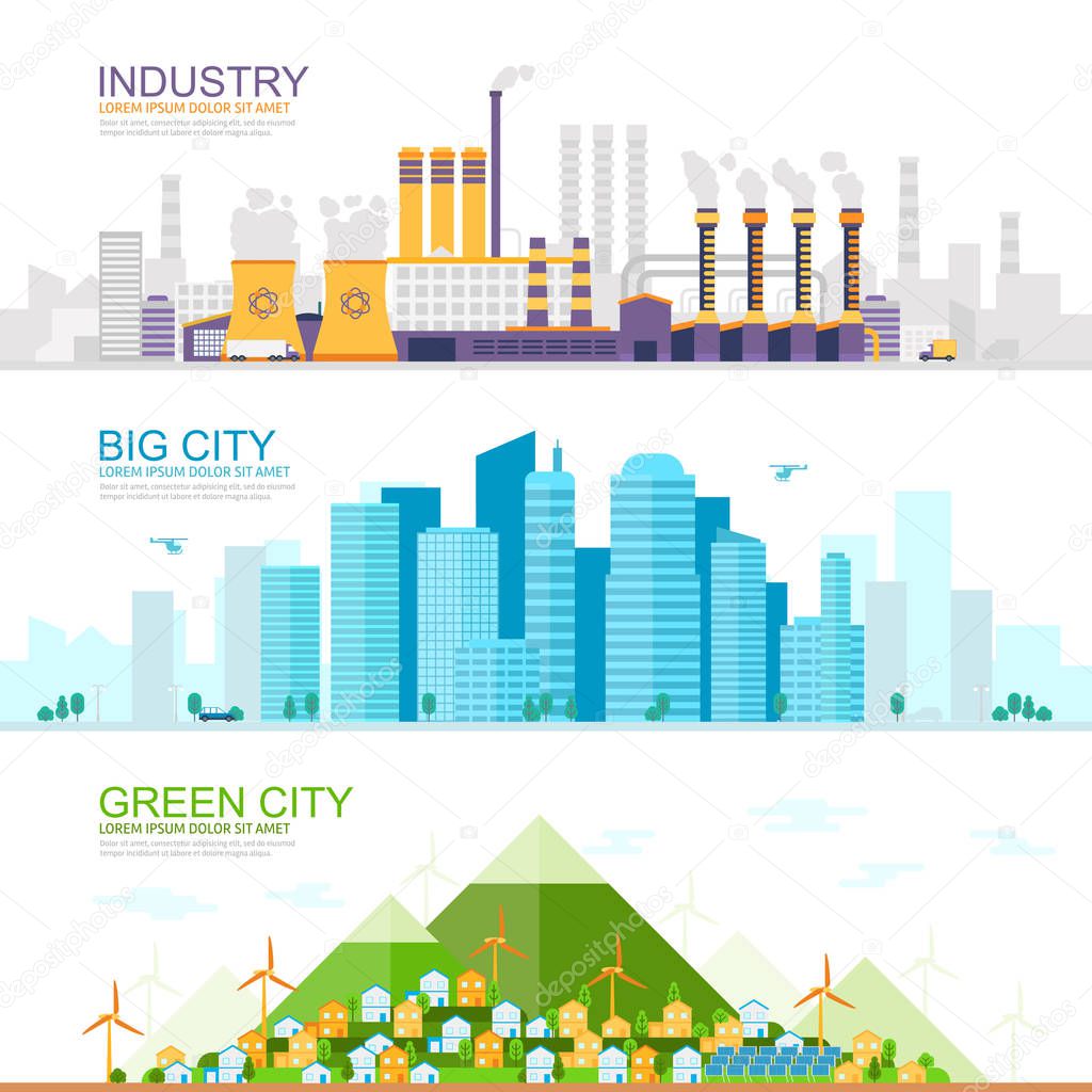 industrial city with heavy industry and factories , large modern city with skyscrapers, Green eco city with renewable energy sources