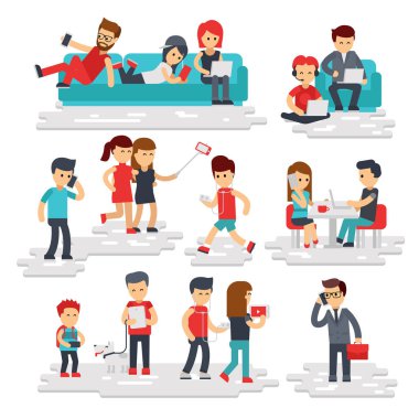 Becerikli alet vektör düz stil beyaz arka plan üzerinde izole insanlarla. Kadın ve erkek kullanın telefonları, akıllı telefonlar, tablet, dizüstü bilgisayarlar.