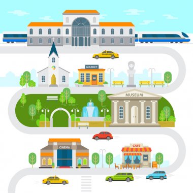 Şehir Infographic elemanları, kasaba vektör düz çizim. Tren İstasyonu, müze, kilise Binası, sinema, park, heykel, Pazar, Cafe, arabalar vektör düz tasarımı.