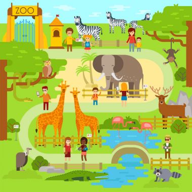 Hayvanat Bahçesi vektör düz çizim. Hayvanlar düz tasarım vektör. Hayvanat Bahçesi Infographic fil ile. İnsanlar yürümek park, Hayvanat Bahçesi. Hayvanat Bahçesi harita, afiş
