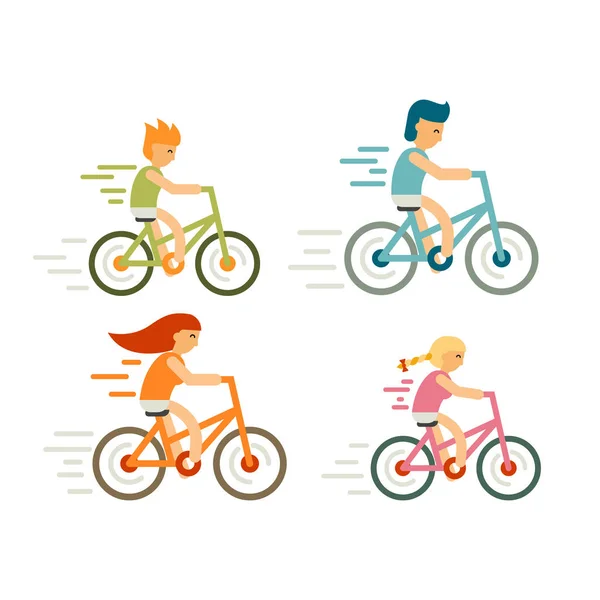 自行车骑手在平面样式集。现代家庭、 休闲、 假日和活动，单车比赛，蒸馏，移动 — 图库矢量图片