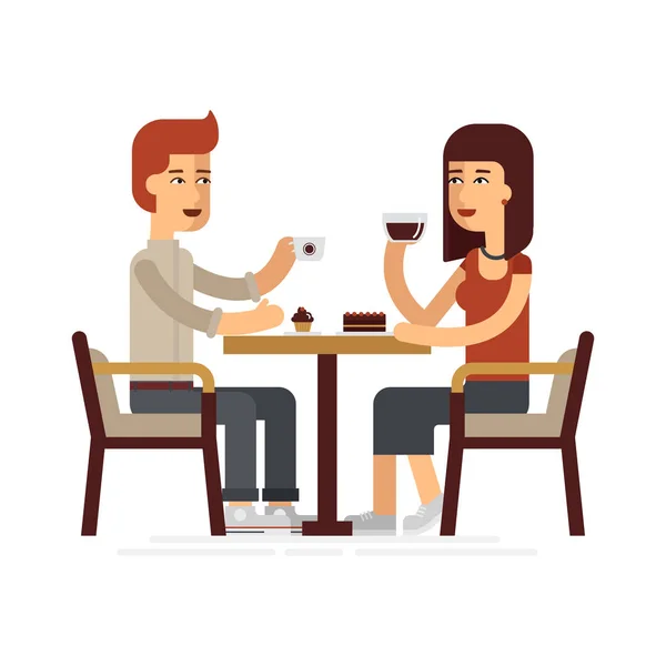 Man and woman drinking coffee in a cafe, vector flat illustration. — Stock Vector