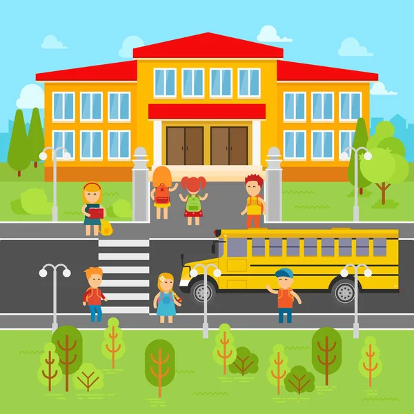 Дети возвращаются к школьной векторной плоской иллюстрации. Школьный автобус, детские инфографические элементы . — стоковый вектор