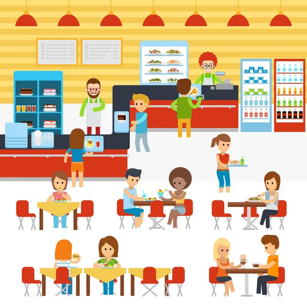Cafeteria vector, people in canteen, people eating in the cafeteria. Catering restaurant and canteen freshly cooked warm meals service. — Stock Vector