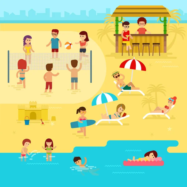 La gente está descansando en la playa, vacaciones de verano por el vector del mar ilustración plana . — Vector de stock