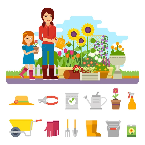 Woman gardener plants a flower and takes care of the flower garden. Gardening vector flat illustration, infographic elements with garden tools. — Stock Vector