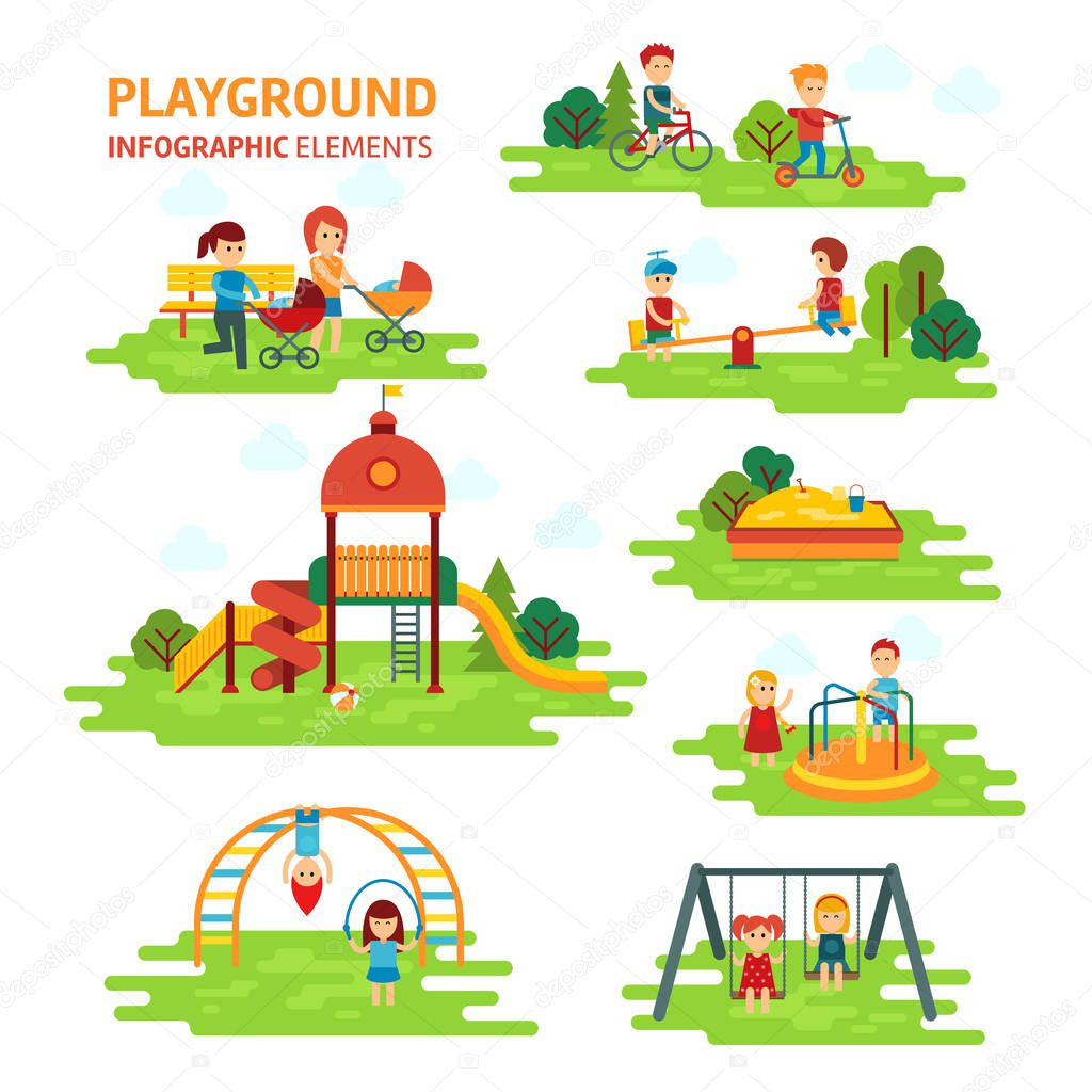 Playground infographic elements vector flat illustration, children play on the outdoors, in the sandbox, boys and girls go for a drive on a swing.