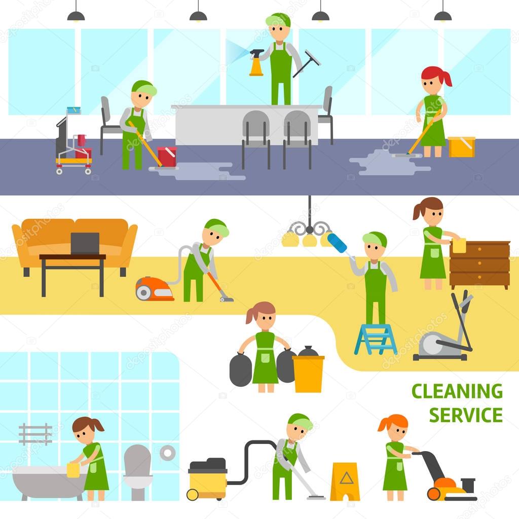 Cleaning service infographic elements. Cleaners vector flat illustration.