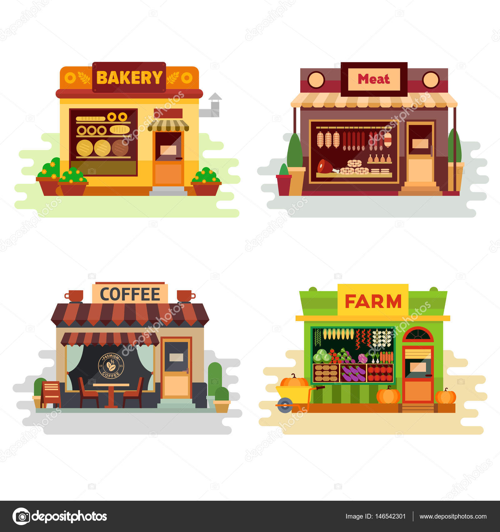 Set Of Different Colorful Shops Bakery Meat Shop Coffee Shop Farm Products Fruit And Vegetables Flat Vector Illustration Stock Set Infographic Elements Stock Vector Image By C Bezvershenko