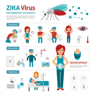 Zika virüs Infographic öğeleri. Vektör düz tasarlamak. Zika önleme, belirtileri ve tedavisi.