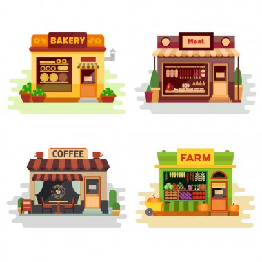 Farklı renkli mağazaları ekmek, et Dükkanı, Kahve Dükkanı, tarım ürünleri, meyve ve sebze kümesi. Düz vektör çizim hisse senedi set. Infographic öğeleri.