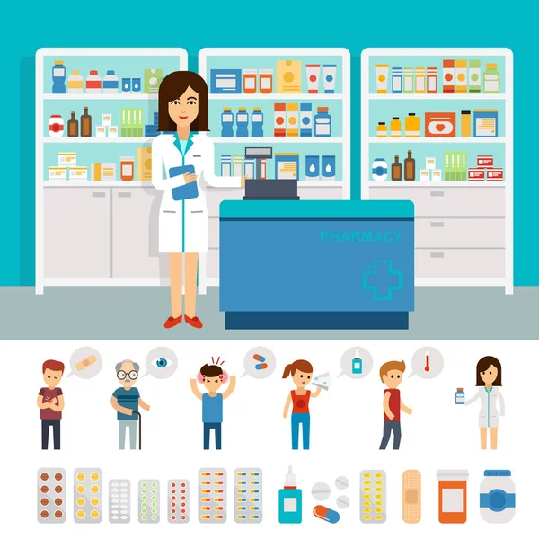 Pharmacy infographic elements and flat banner design. Vector pharmacy drugstore set design. Drugs icons pills capsules and prescription bottles. — Stock Vector