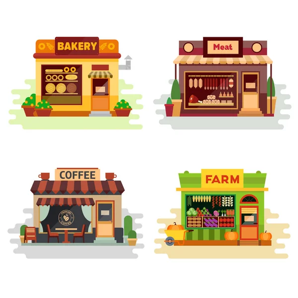 Set von verschiedenen bunten Geschäften Bäckerei, Fleischerei, Café, landwirtschaftliche Produkte, Obst und Gemüse. Flat Vector Illustration Stock Set. infografische Elemente. — Stockvektor