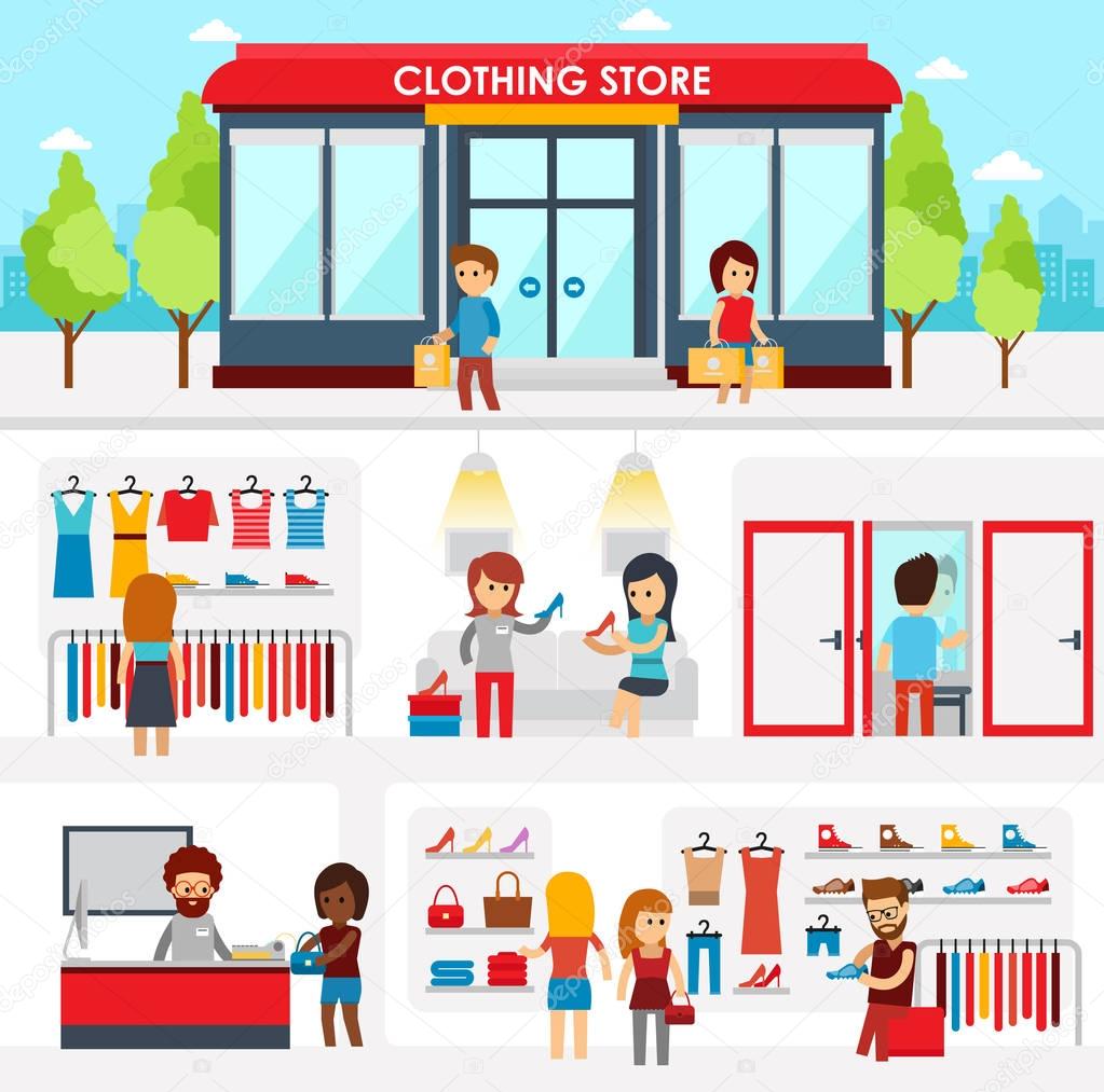People shopping in the clothing store. Shop Interior. Colorful vector illustration design, infographic elements, banners in flat style. Clothing store facade on street