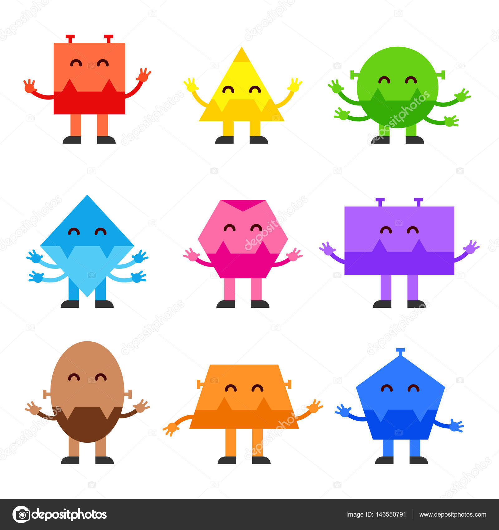 子供教育ゲーム、幼稚園の幾何学的図形面白いモンスター漫画ベクトル キャラクター デザイン. ストックベクター ©Bezvershenko  146550791, image size:1600x1700