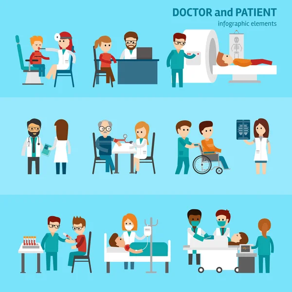 Elementos de infografía médica con tratamientos médicos y de pacientes y pictogramas planos de examen con símbolos sanitarios ilustración vectorial aislada abstracta sobre fondo azul — Vector de stock