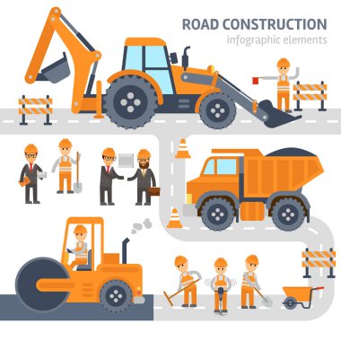 Yol inşaat Infographic öğeleri düz tasarım vektör. İnşaat, işçiler, Ekskavatör, silindir, buldozer.