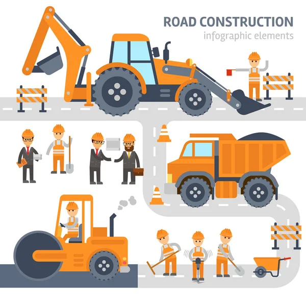 Road infographic bouwelementen vector platte ontwerp. Bouw, werknemers, graafmachine, roller, bulldozer. — Stockvector