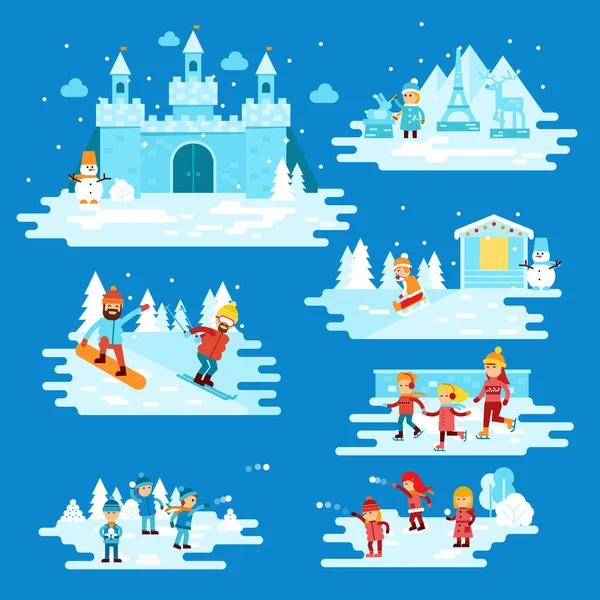 Infographic elements winter entertainments, people characters, children playing snowballs, snowman, snowboarder, skiing, ice skating, castle. Winter fairytale vector flat illustration — Stock Vector
