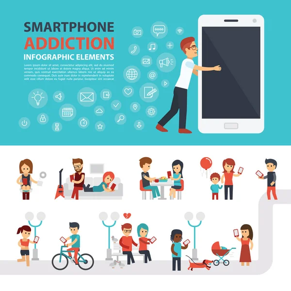 Smartphone závislost infografika prvky s sadu ikon, lidé s telefony. Muž drží telefon. Plochá vektorová design. Banner, prvky pro web. — Stockový vektor