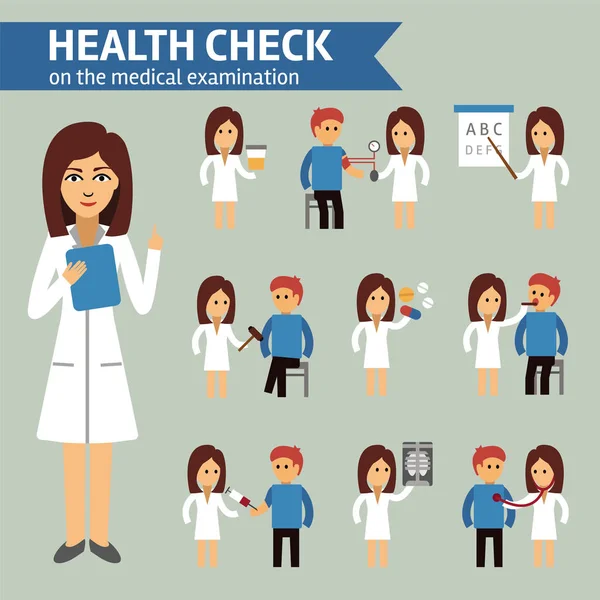 "Gezondheidscontrole" medisch onderzoek infographic elementen, arts en patiënt. — Stockvector