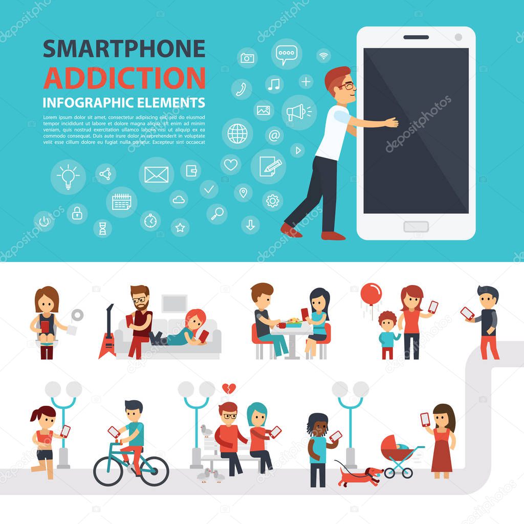 Smartphone addiction infographic elements with icon set, people with phones. Man hugs phone. Flat vector design. Banner, elements to use for web.