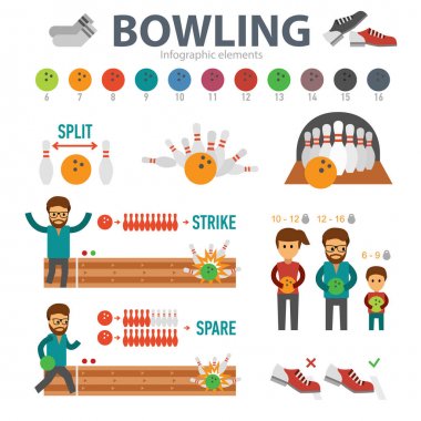 Beyaz arka plan üzerinde izole Infographic öğeleri Bovling. İnsanlar play bowling ve grev knock, split, yedek, cips düz vektör
