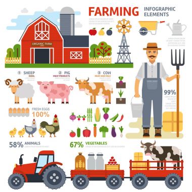 Infographic öğeleri tarım çiftçi, çiftlik, yel değirmeni, Bahçe, traktör, hayvan, sebze, meyve, hasat, saman, araçları ile. Düz tasarım.