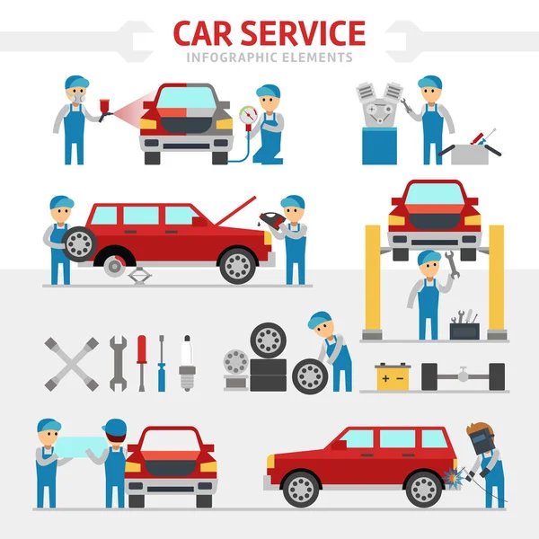 Auto opravy služby plochou vektorové ilustrace. Infografika prvky. Lidé, opravy automobilů a provést ladění. Změna kolo, malba, sklo náhradní — Stockový vektor
