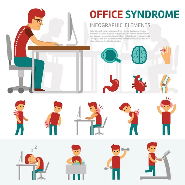 Elementi infografici della sindrome da ufficio. L'uomo lavora al computer, giorno lavorativo, dolore alla schiena, mal di testa, malattia e salute . — Vettoriale Stock