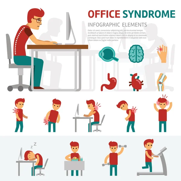 Office Sendromu Infographic öğeleri. Adam bilgisayar, iş günü, ağrı geri, baş ağrısı, hasta ve sağlık İnşaat.