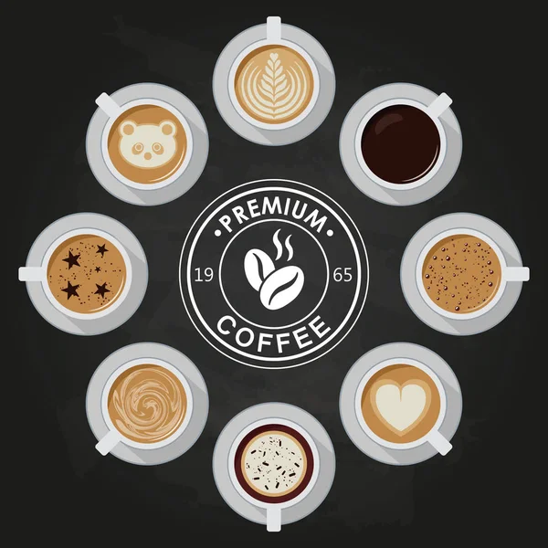 Xícaras de café premium, americano, latte, café expresso, cappuccino, macchiato, mocha, arte, desenhos em creme de café, vista superior com logotipo do café . —  Vetores de Stock