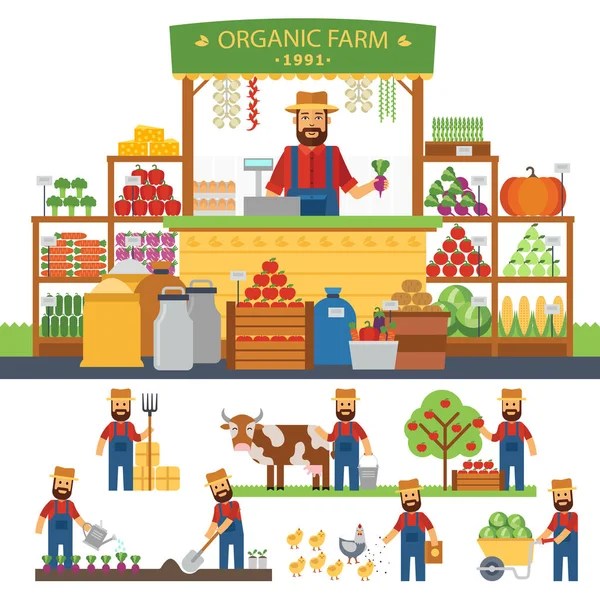 Infografische Elemente aus der Landwirtschaft. Anbau biologischer Produkte auf dem Hof. Bauern produzieren Krämer. Frisches Obst und Gemüse, Einzelhandelsunternehmer arbeitet in seinem Geschäft. — Stockvektor