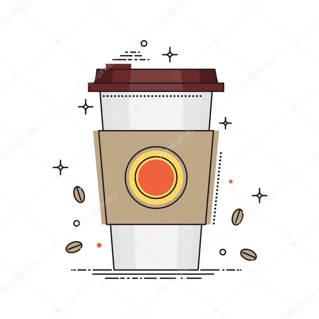 Disposable coffee cup icon with coffee beans, conceptual vector illustration in flat line design. Paper coffee cup isolated