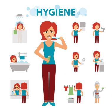 Hijyen Infographic öğeleri. Kadın meşgul, temizlik, banyo, tuvalet, banyo, diş fırçalama, el yıkama, makyaj yapmayı Çamaşırhane,.