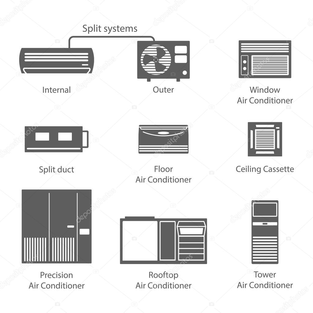Types of air conditioners icons set vector stock. Conditioners black icons isolated