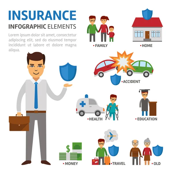 Elementi infografici del broker assicurativo, illustrazione piatta vettoriale su sfondo bianco. Protezione delle persone in situazioni difficili. Assicuratore con scudo — Vettoriale Stock