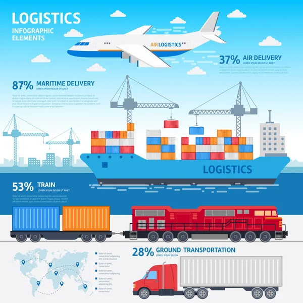 Logistiek en transport infographic elementen platte vectorillustratie — Stockvector