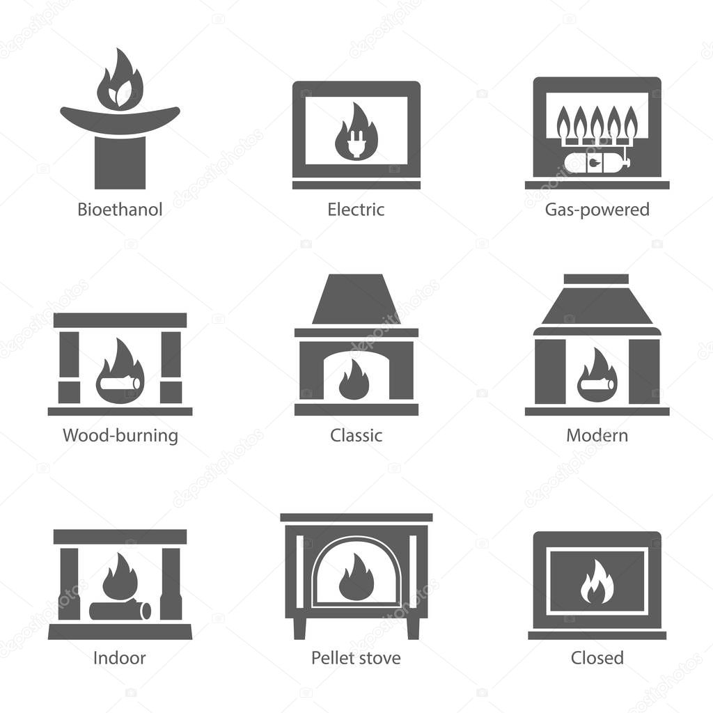 Fireplace icons set vector flat sign isolated on white background. Stove fireplace, biofireplaces, electric, wood-burning, classic, modern, indoor, pellet-stove, gas-powered icons