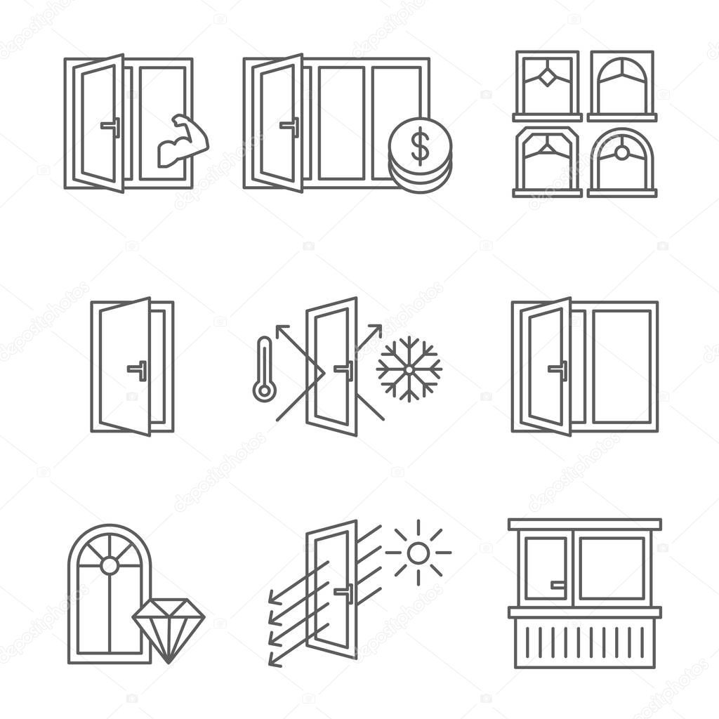 Windows icon set with door and balcony. Lines design isolated on white background