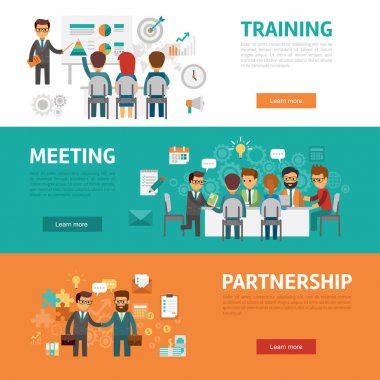 İş kavramı düz afiş, ofis toplantı, eğitim, sözleşmesi, ortaklık, işyeri ve proje fikirleri infographics için simgeler kümesi