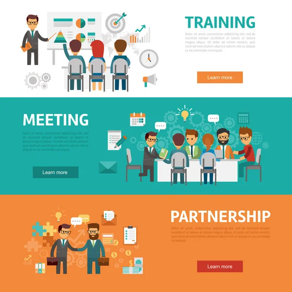 Bedrijfsconcept platte banners, iconen set office vergadering, training, overeenkomst, partnerschap, werkplek en project ideeën voor infographics — Stockvector