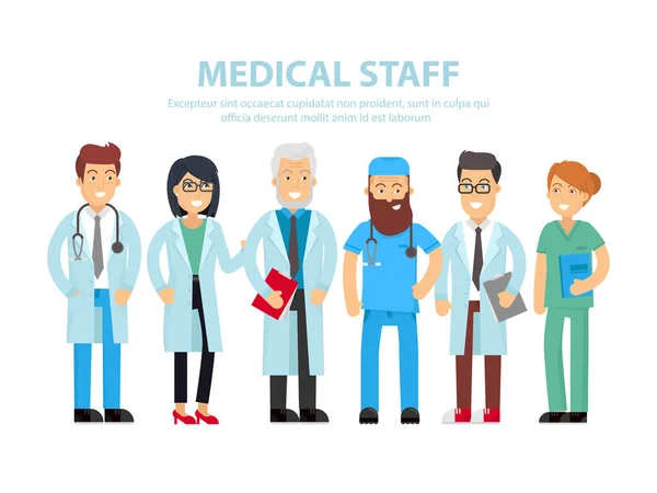 El equipo de médicos, enfermeras y otros trabajadores del hospital se mantienen unidos. Ilustración de personas vectoriales aisladas sobre fondo blanco con el lugar de texto. Grupo de personal médico divertido diseño plano — Vector de stock