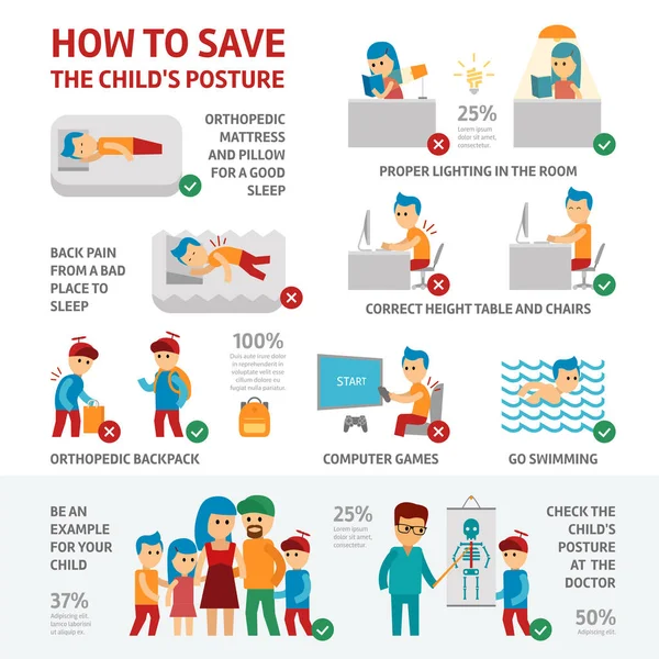 Infografías de la postura de los niños sobre la salud de los niños. El médico trata a un niño con escoliosis. Dormir en colchón ortopédico - vector de stock . — Vector de stock