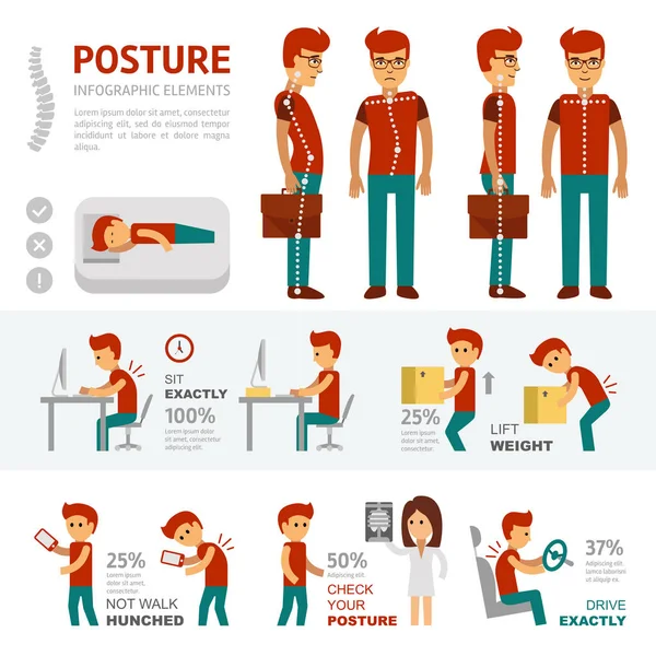 Elementos de infografía postural. Las personas con dolor de espalda van al médico y tratan la escoliosis. Suave y curva la columna vertebral . — Archivo Imágenes Vectoriales