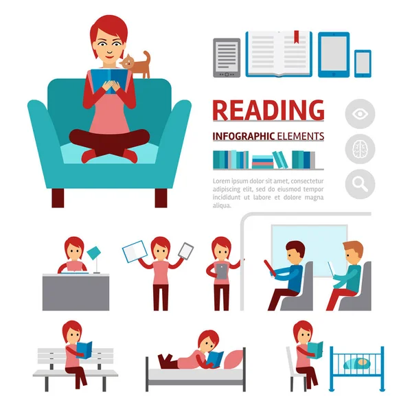 Benefícios da leitura de livros elementos infográficos, mulher sentada em uma cadeira confortável e ler ícones livro vetor plana isolado no fundo branco — Vetor de Stock