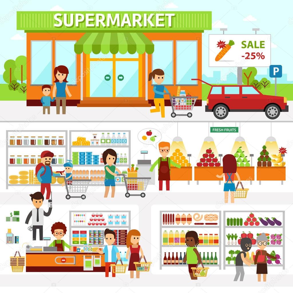 Supermarket infographic elements. Flat vector design illustration. People choose products in the shop and buy goods.