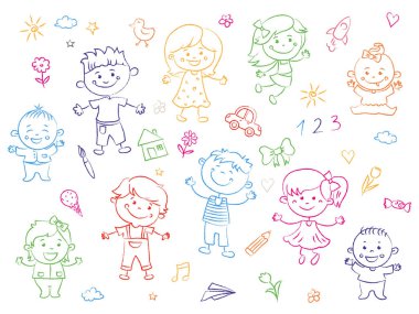 Birlikte, çizimler, Resimler duran çocuk. Kızlar ve erkekler beyaz arka planda doğrusal tasarım vardır. Vektör çizim